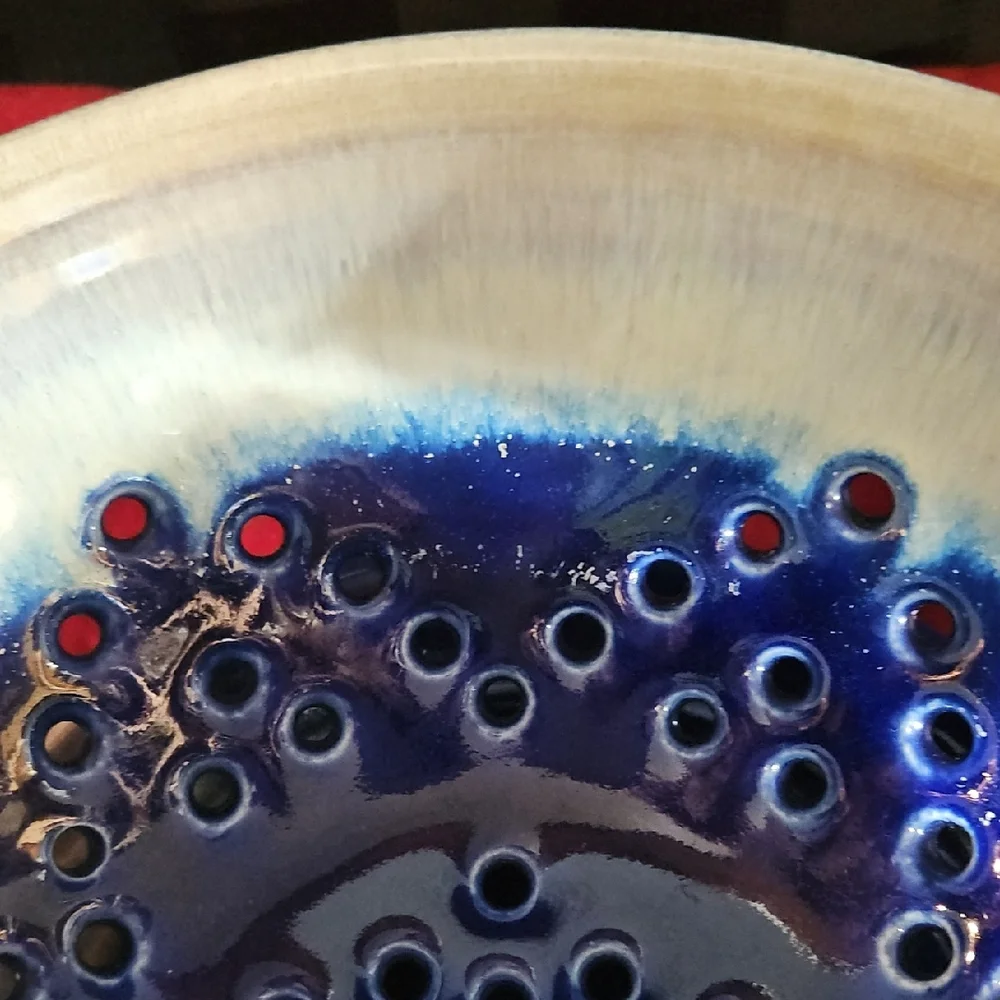 Handmade/Signed Ceramic Berry Bowl & Underplate w/Vibrant Blue Speckled Glaze
